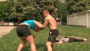 Real mixed wrestling - 1 male bodybuilder vs 2 fitness girl
